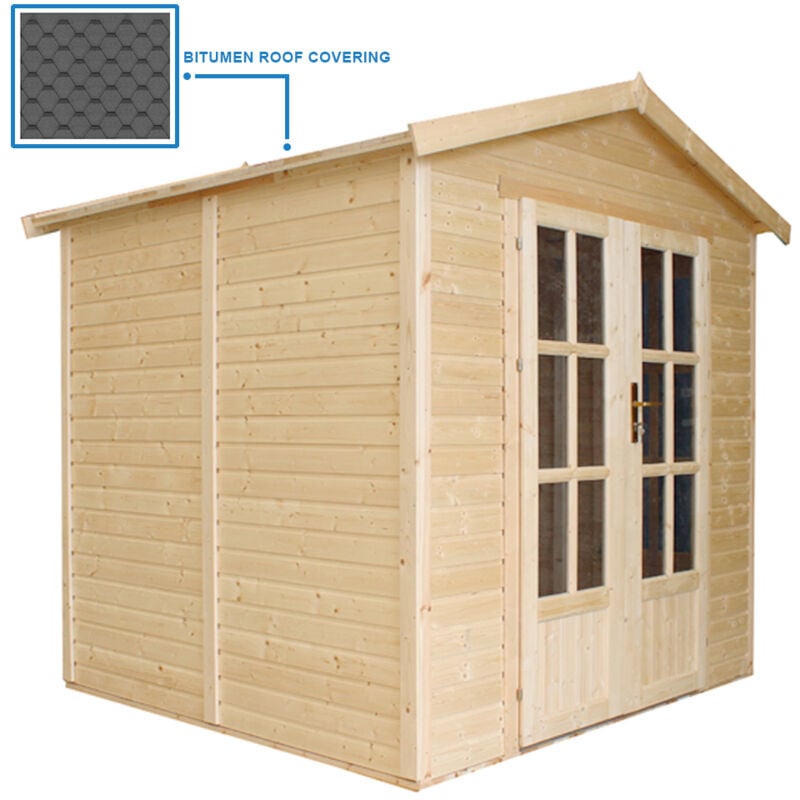 Garten Holzhaus mit Bitumenschindeln der schwarz Farbe, B233xT222xH233 cm, Modernes Gartenhaus als Home-Office, Abschließbares Gartenhaus, Home