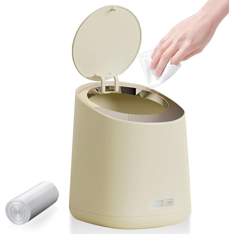 Tisch-Mülleimer mit Druckknopfdeckel, 2-Liter-Mini-Mülleimer für Badezimmer, Büro-Mülleimer für Wohnzimmer, Büro, cremefarben (13×14,7×17 cm)