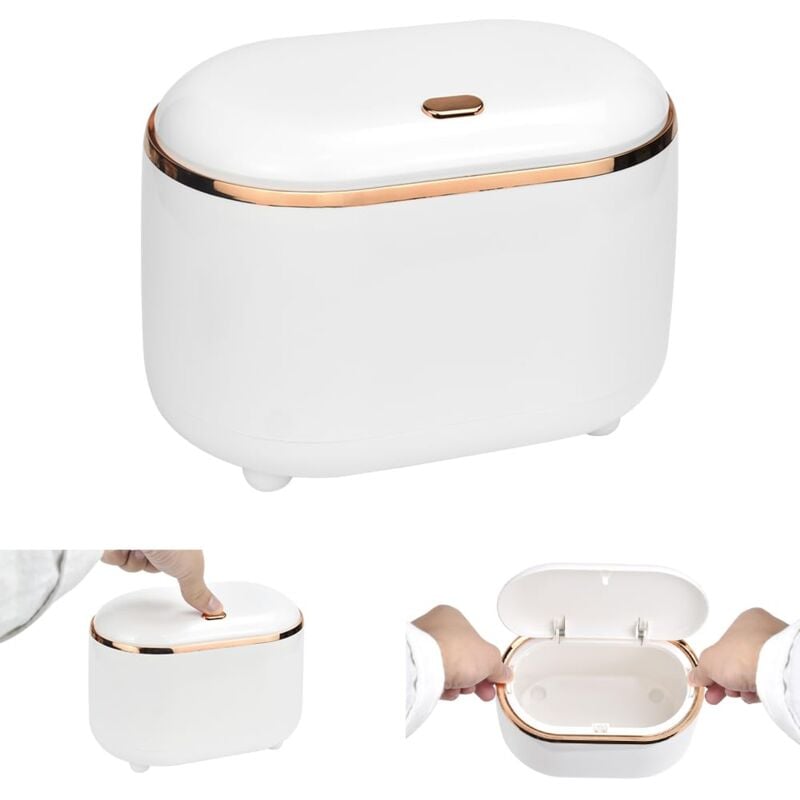 Tisch-Mülleimer mit Druckknopfdeckel, kleiner Badezimmer-Mülleimer, Mini-Desktop-Mülleimer (weiß)