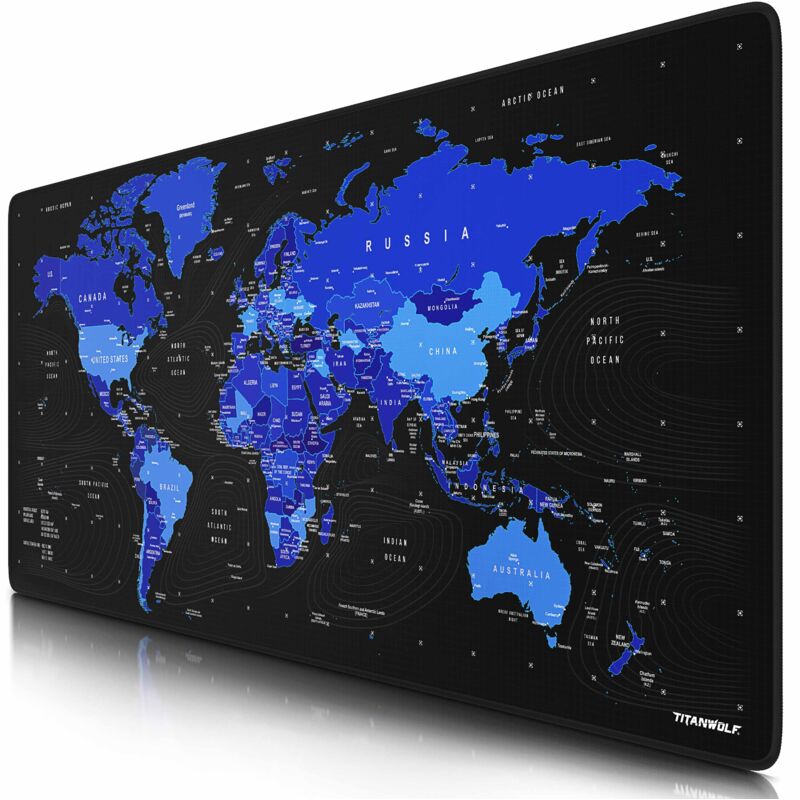 Gaming Mauspad, 900 x 400mm xxl Mousepad, verbessert Präzision & Geschwindigkeit, Welktarte blau - Titanwolf