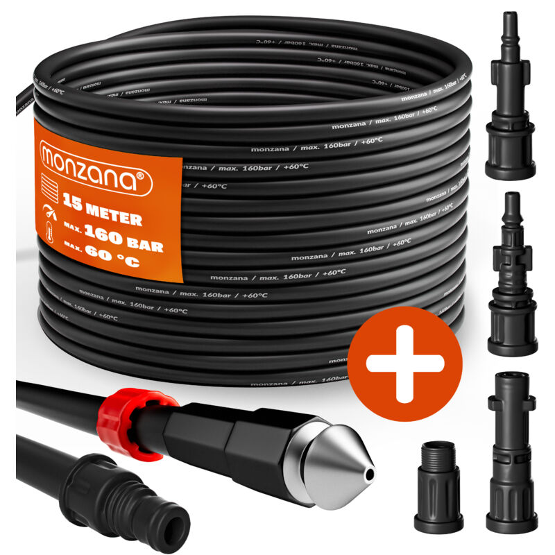 DEUBA® Rohrreinigungsschlauch 15m 160 Bar 4 Adapter Hochdruckreiniger Kärcher K2 K3 K4 K5 K6 K7 Rohrreinigungsset Abflussreiniger Rohrreiniger