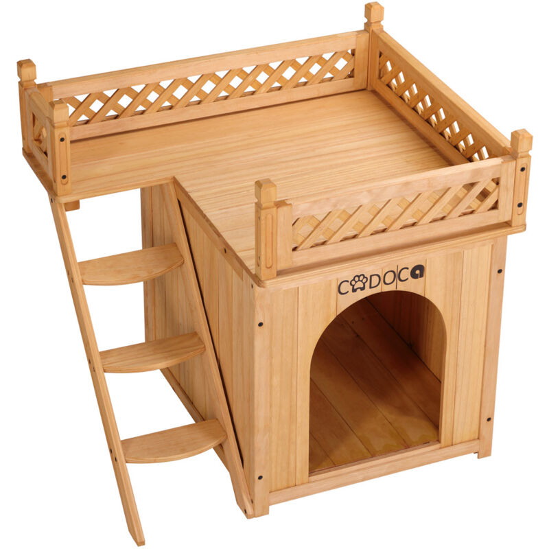 Cadoca - Tierhaus FSC®-zertifiziertes Kiefernholz 66x53x64cm 2-stöckig Treppe Sonnenterrasse Katzenhaus Katzenhütte Hundehütte Katzenvilla Lodge