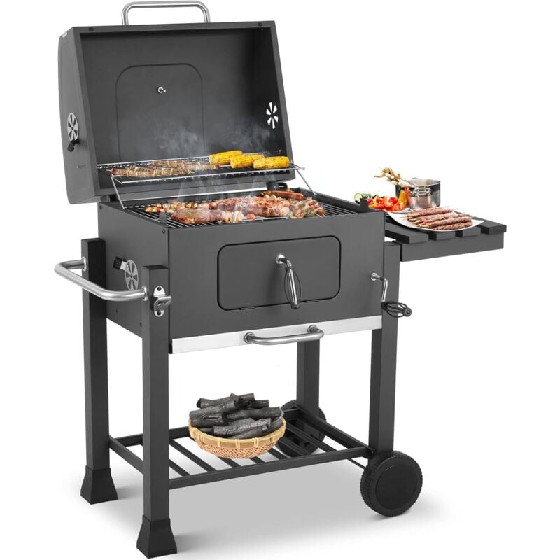 Tlgreen - Grau Holzkohlegrill, Grillwagen, Holzkohlegrills xxl, kohlegrill, Holzkohlegrill mit Deckel, Rädern und Thermometer, Höhenverstellbar, bbq