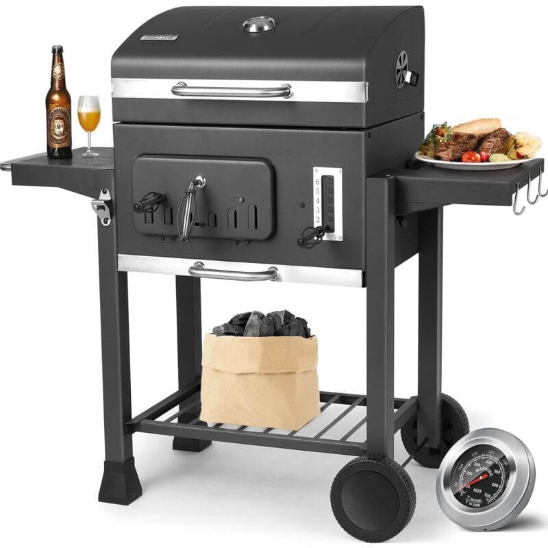 Tlgreen - Grau Holzkohlegrills, Grillwagen xxl, kohlegrill groß, Holzkohlegrill mit Deckel, grillrost, Rädern und Thermometer, Edelstahl-Griff,
