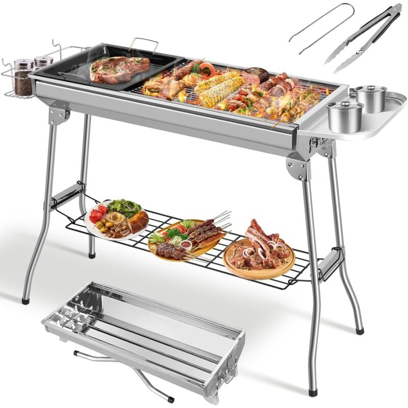 Tlgreen - Holzkohlegrill XXL,106 33 72cm, Klappgrill, Campinggrill, Picknickgrill, aus Edelstahl, Grill mit Antihaft-Pfanne, Aufbewahrungskorb &