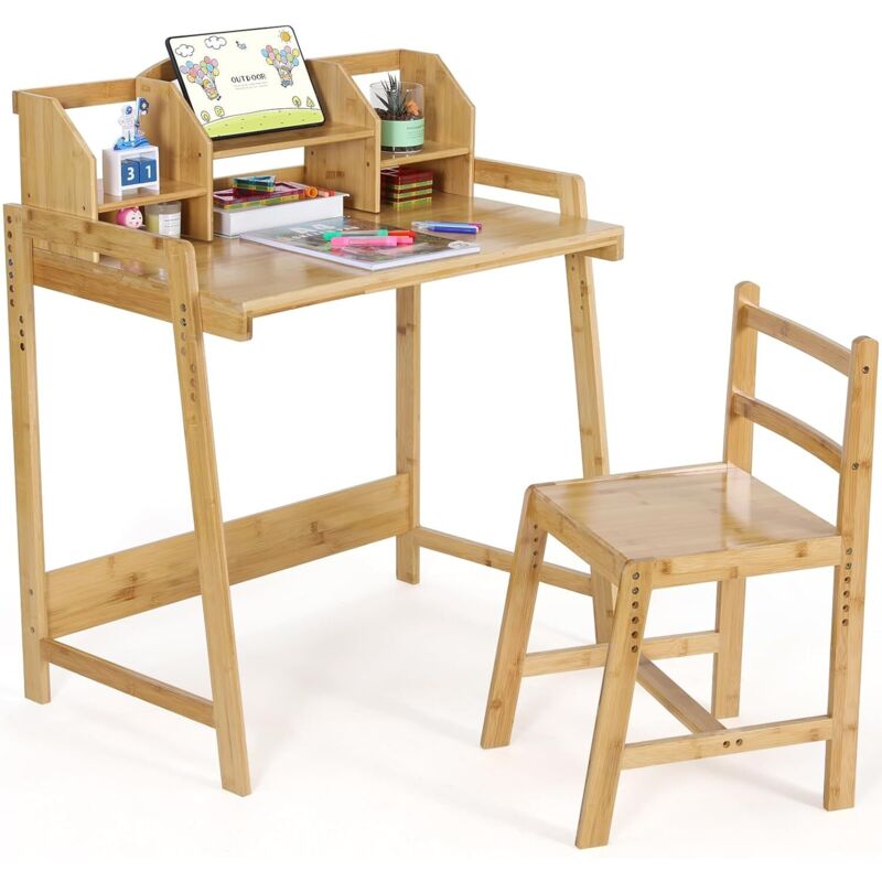Tlgreen - Kinderschreibtisch Höhenverstellbar, Kinder Schreibtisch mit Stuhl, Bambus Holz Schreibtisch, Schülerschreibtisch mit Buchhalterung