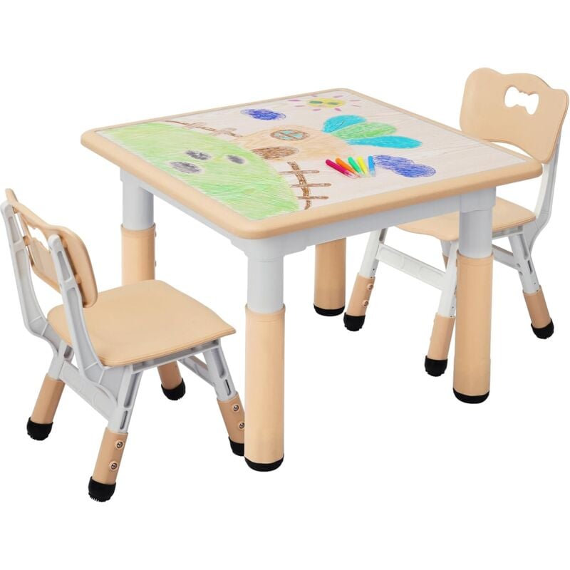 Tlgreen - Kindertisch mit 2 Stühlen, Kindersitzgruppe Höhenverstellbar, Tisch Stuhl Set für Kinderzimmer, Plastik Kindermöbel, Maltisch Sitzgruppe