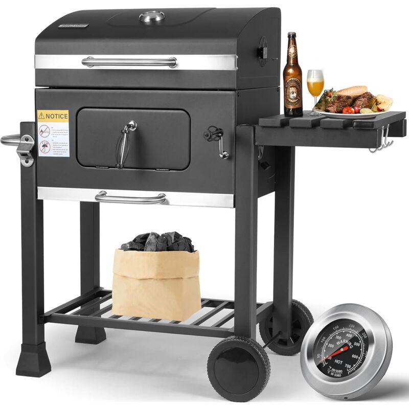 Tlgreen - Schwarz Holzkohlegrill, Grillwagen xl, grill holzkohle groß, kohlegrill mit Deckel, grillrost, Rädern und Thermometer, Edelstahl-Griff,