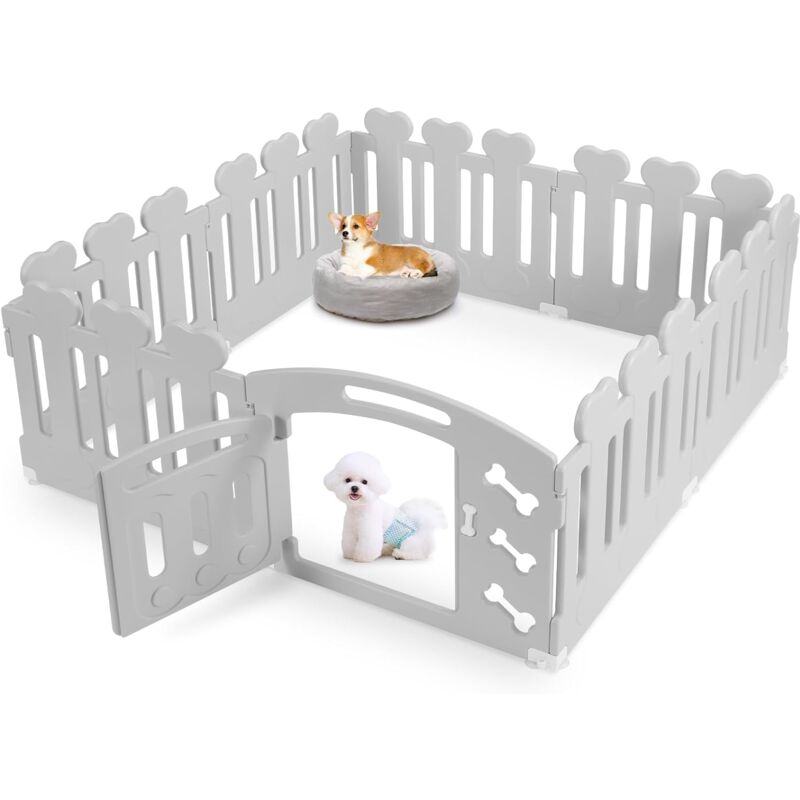 TLGREEN Welpenauslauf 60cm Hoch, Laufstall Hund 7+1 Platten, Plastik Welpenlaufstall, Faltbare Hundegitter, Wetterfest Hundezaun mit Tor, Inkl.