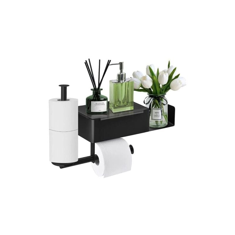 Porte Papier Toilette, Porte Papier Toilette Mural sans Perçage avec Étagères et Boîte à Lingettes Humides, Support Papier Toilette avec 2 Porte