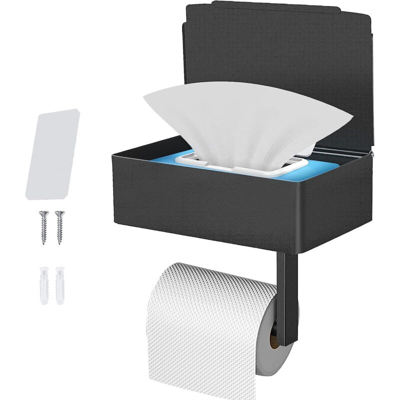 Porte Papier Toilette Support Mural en Noir, Acier Inoxydable Porte Rouleau avec étagères Spacieuses, Support Mural pour Papier Toilette pour