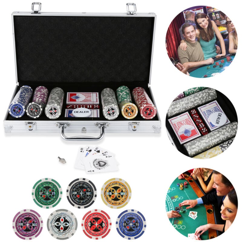 Tolletour - Pokerkoffer Pokerset Pokerchips 300 Chips Spielmatte Profi Alu Button Cash-Game Silber