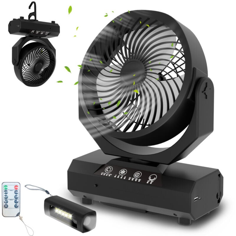 Tolletour - Tragbarer, wiederaufladbarer Ventilator - 20000mAh Camping-Ventilator mit Licht und Haken, geeignet für Zelte, im Freien
