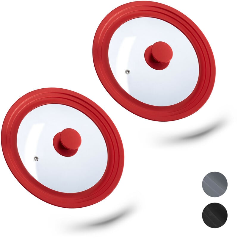 2 x Topfdeckel universal, Glasdeckel mit abgestuftem Silikonrand, Töpfe & Pfannen 22-26 cm, HxD: 5 x 27,5 cm, rot