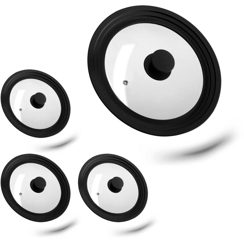 4 x Topfdeckel universal, Glasdeckel mit abgestuftem Silikonrand, Töpfe & Pfannen 22-26 cm, HxD: 5 x 27,5 cm, schwarz