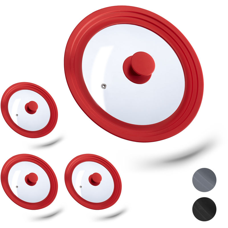4 x Topfdeckel universal, Glasdeckel mit abgestuftem Silikonrand, Töpfe & Pfannen 22-26 cm, HxD: 5 x 27,5 cm, rot