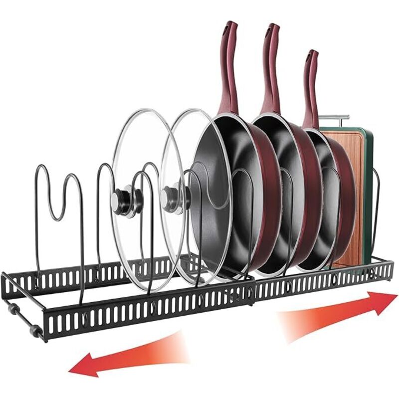 Topfregal, verstellbarer Bratpfannen-Organizer, 7 Fächer im Küchenschrank, Schublade für Töpfe, Pfannen, Deckel, Teller – Schwarz