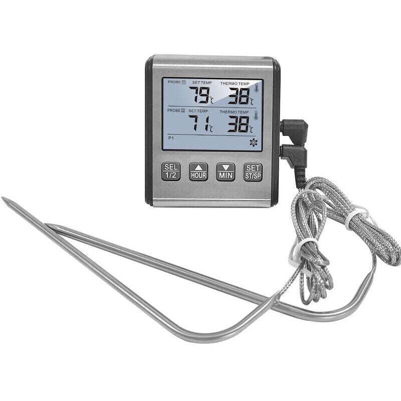TP-710S Digitales Thermometer mit zwei Sonden – großes LCD-Display mit Hintergrundbeleuchtung – mit Timer-Modus – für Räucherofen, Küche, Ofen,