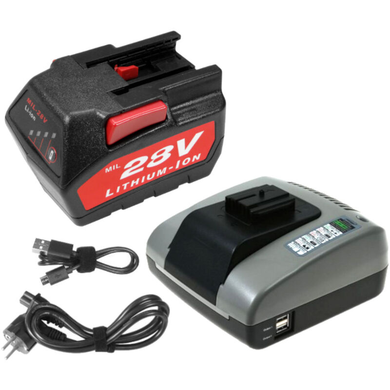 Set: Li-Ion Akku 28V / 2Ah + Ladegerät mit usb kompatibel mit aeg Milwaukee 4933416345 C12-28 dcr 0-Version Netz/Akku-Radio, Flex 28V Akku