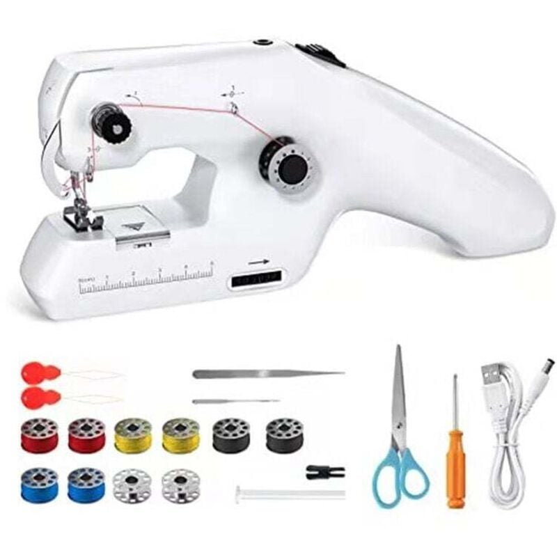 Tragbare Doppelfaden-Nähmaschine, Mini tragbare elektrische Nähmaschine für Erwachsene, weiß