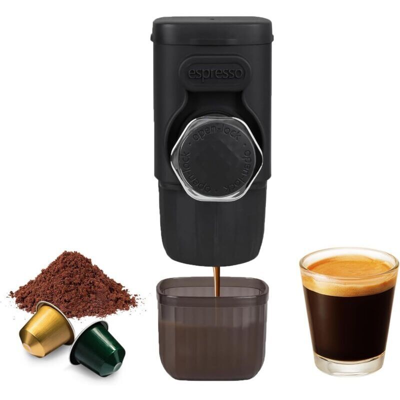 Tragbare Kaffeemaschine, kleine 2-in-1-Reisekaffeemaschine für gemahlenen Kaffee und Kapseln, manuelle Bedienung, kleine tragbare Kaffeemaschine für