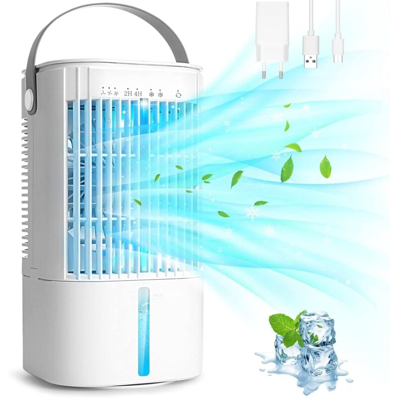 Tragbare Klimaanlage, leise mobile Klimaanlage, Luftkühler, mit 900 ml Wassertank, 3 Geschwindigkeiten, 7 LED-Leuchten, 2 Sprühmodi,