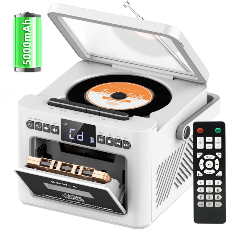Tragbarer Boombox-CD-Player mit Kassettenlaufwerk, FM-Radio mit CD-Player, wiederaufladbarem Akku, Fernbedienung,