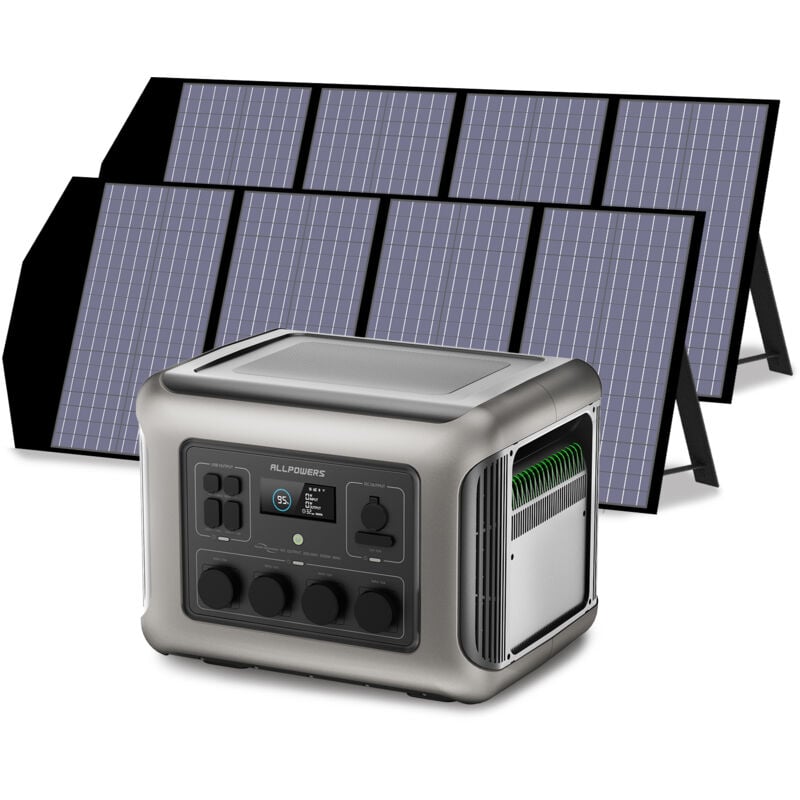 R2500 Tragbare Powerstation mit 2x 140W Solarpanel, 2016Wh LiFePO4 Akku, 4 x 2500W ac Ausgänge (4000W Spitze), Solargenerator für Stromausfall,