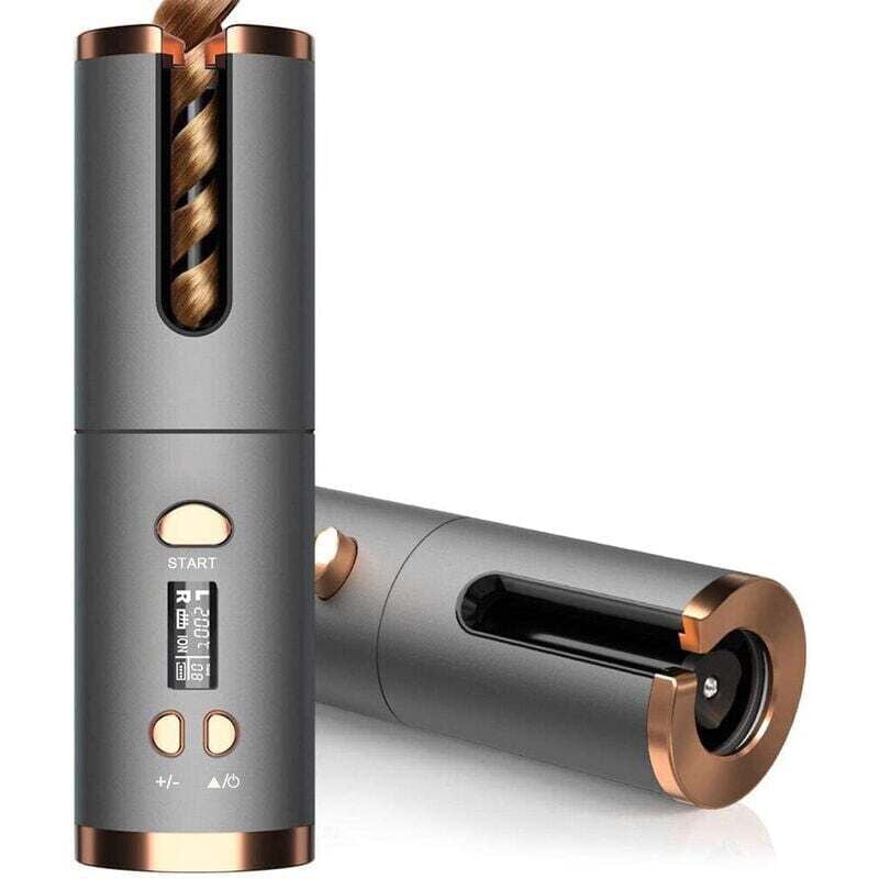 Tragbarer Lockenstab mit automatischer kabelloser Ladefunktion, LCD 009, Grau/Gold