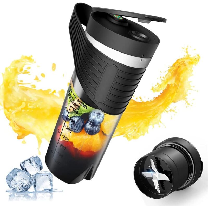 Tragbarer Shake- und Smoothie-Mixer, 460 ml, BPA-frei – geeignet für frische Beeren, Reisen, Fitnessstudio, Büro, leicht zu reinigen, Schwarz