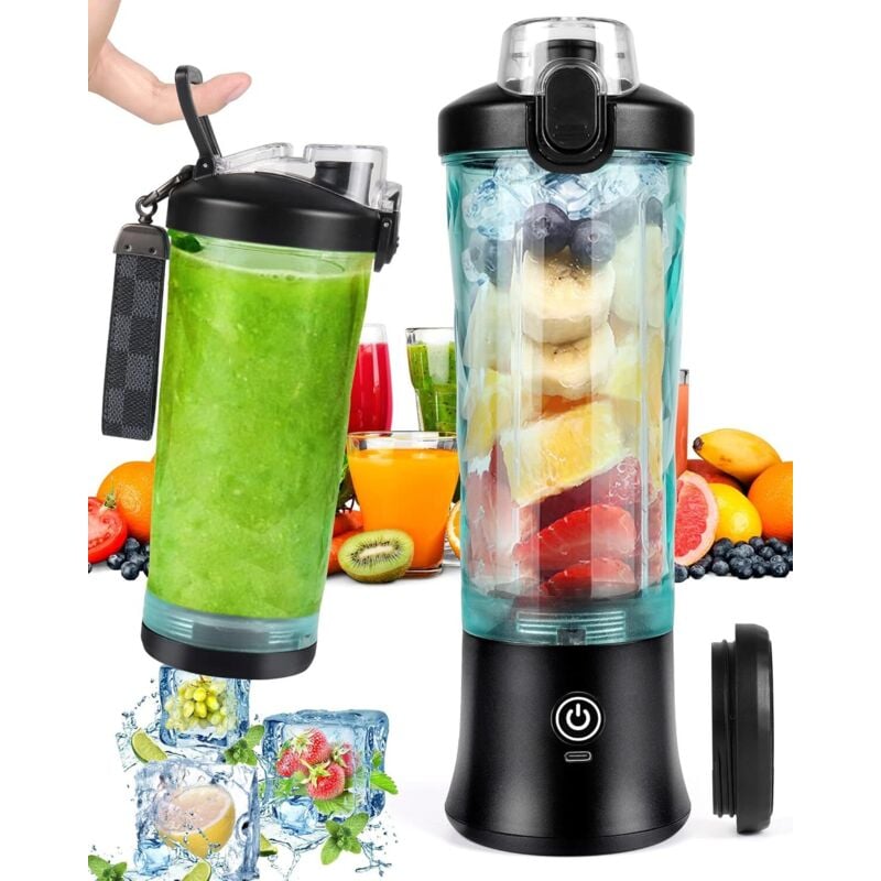 Tragbarer Smoothie-Mixer, 600 ml, mit 6 Klingen, 4000 mAh, Mini-Mixer kann 25 Tassen Saft auspressen, für Büro, Camping und Reisen, Schwarz