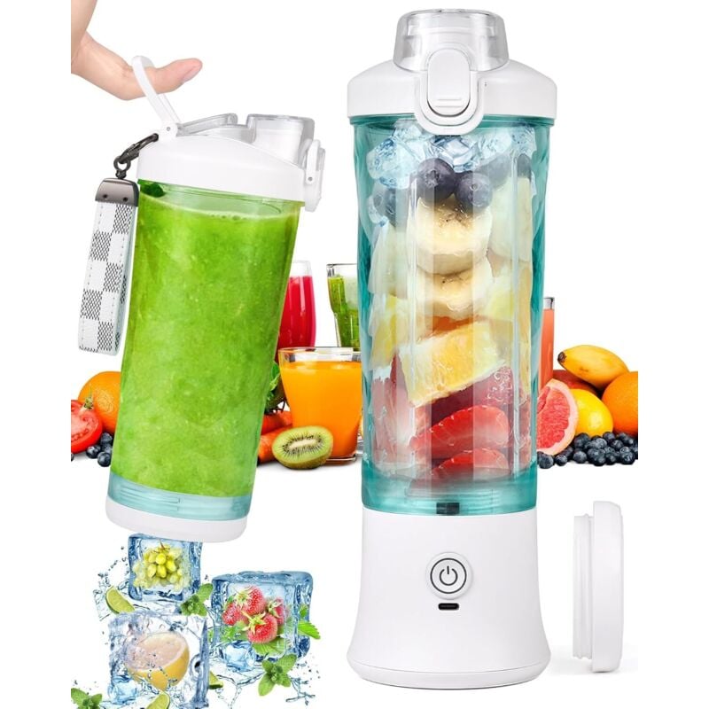 Tragbarer Smoothie-Mixer, 600 ml, mit 6 Lamellen, 4000 mAh, Mini-Mixer mit 25 Tassen Saft für Büro, Camping und Reisen, weiß