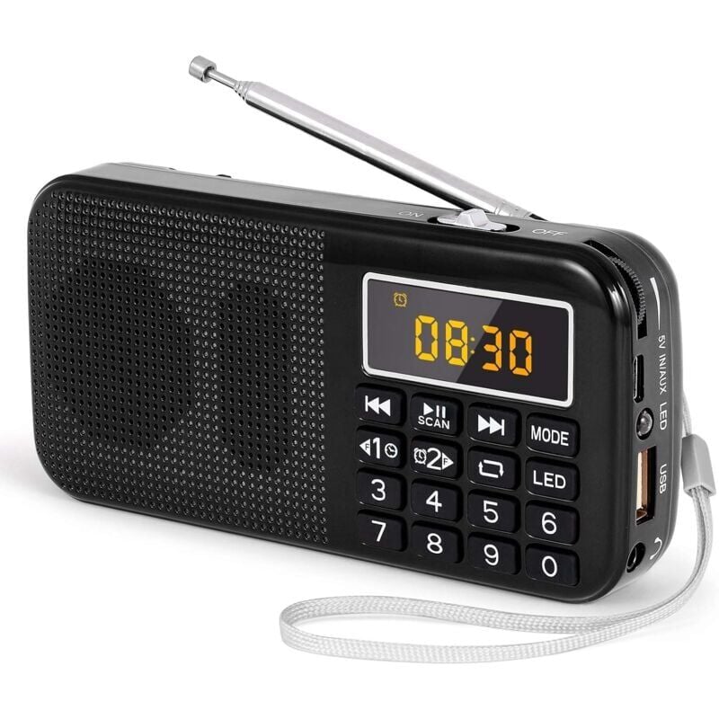 Tragbares Radio, FM-Radio mit wiederaufladbarem Akku mit großer Kapazität (3000 mAh), unterstützt MP3/SD/USB/AUX, Schwarz