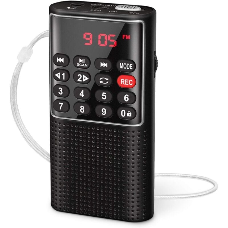 Tragbares Radio, kleines wiederaufladbares tragbares Radio mit Aufnahmefunktion, tragbares FM-Radio unterstützt MP3/TF/AUX/USB-C (schwarz)