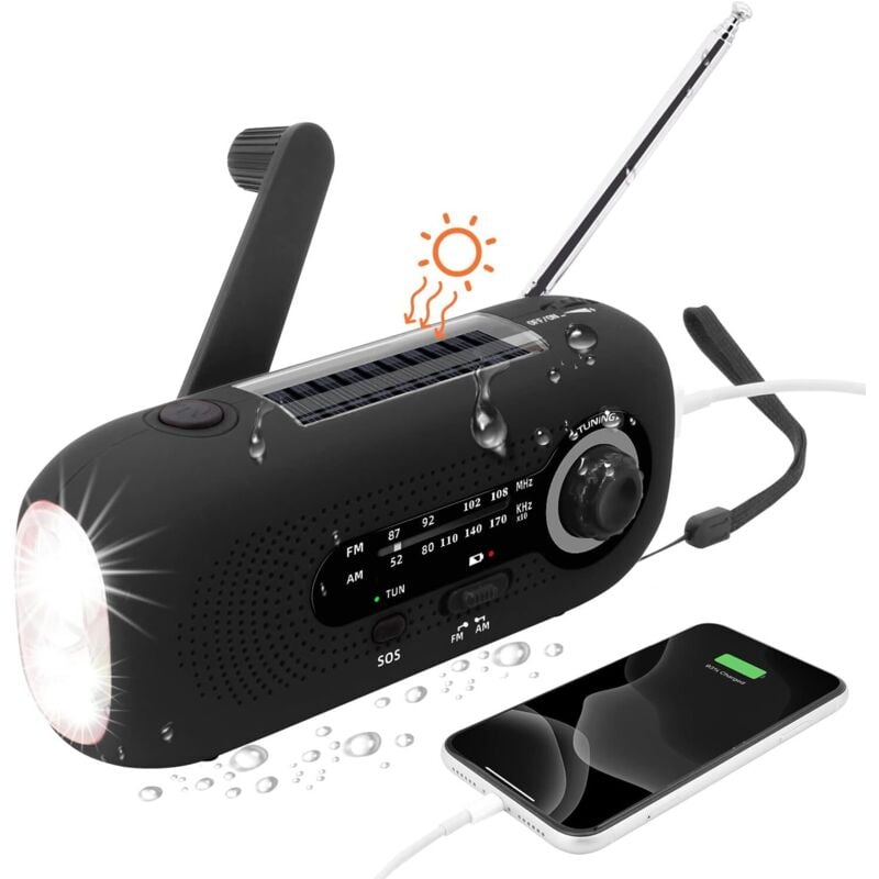 CCYKXA (Schwarz) Tragbares Solarradio, Dynamoradio, Solarradio mit SOS-Alarm für Notfälle, kleines Radio, wasserdichtes IPX3-Radio,