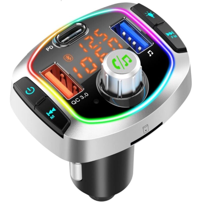 Bluetooth-FM-Transmitter, 7-Farben-LED-Bluetooth-5.0-Autoradio-Adapter-MP3-Player-Kit, mit pd 18 w und QC3.0-Auto-Schnellladegerät, 5 V/1 a