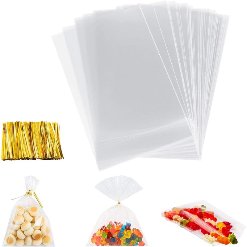 Transparente Beutel, 100 Stück, große Geschenktüten (14 x 25 cm) für Süßigkeiten, mit 100 farbigen Verschlussbändern. Geeignet für transparente