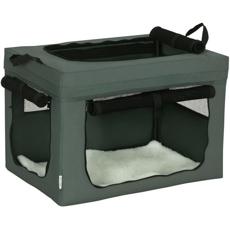 Hundetasche Hundebox mit Meshfenster, Katzentransportbox mit Kissen, Transportbox, Transporttasche für Hunde bis 4 kg, Oxford, Grau, 60 x 42 x 42 cm