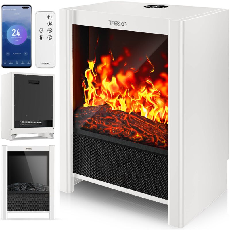 TRESKO® Elektrokamin mit Heizung & Fernbedienung 2000W, WiFi App Kamin elektrisch LED-Flammeneffekt & LCD-Display Kaminfeuer mit Thermostat, Timer