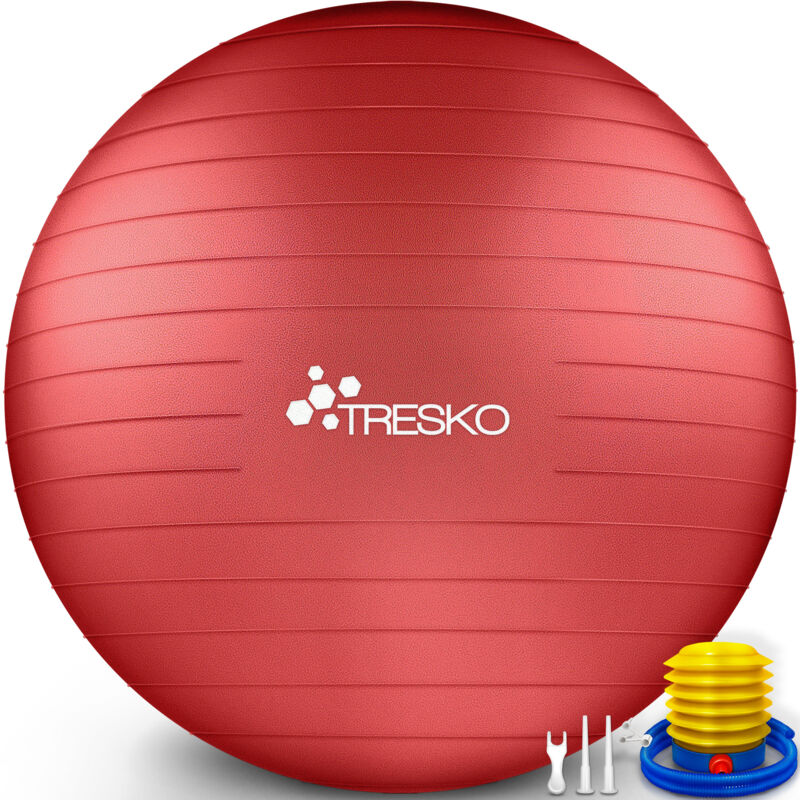 TRESKO Gymnastikball (Rot 65cm) mit Pumpe Fitnessball Yogaball Sitzball Sportball Pilates Ball Sportball