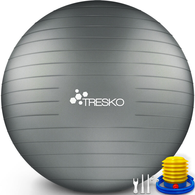 TRESKO Gymnastikball (Grau 65cm) mit Pumpe Fitnessball Yogaball Sitzball Sportball Pilates Ball Sportball