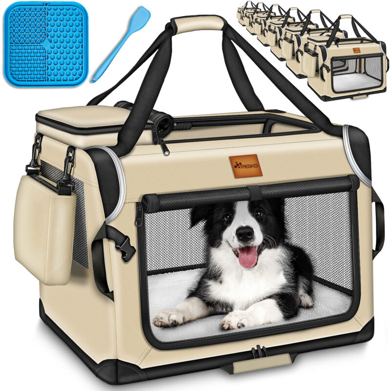Hundebox faltbar Beige (m 61x42x42cm) inkl. Leckmatte, Spatel & Reflektoren Transportbox für Hunde und Katzen Hundetransportbox für kleine & große