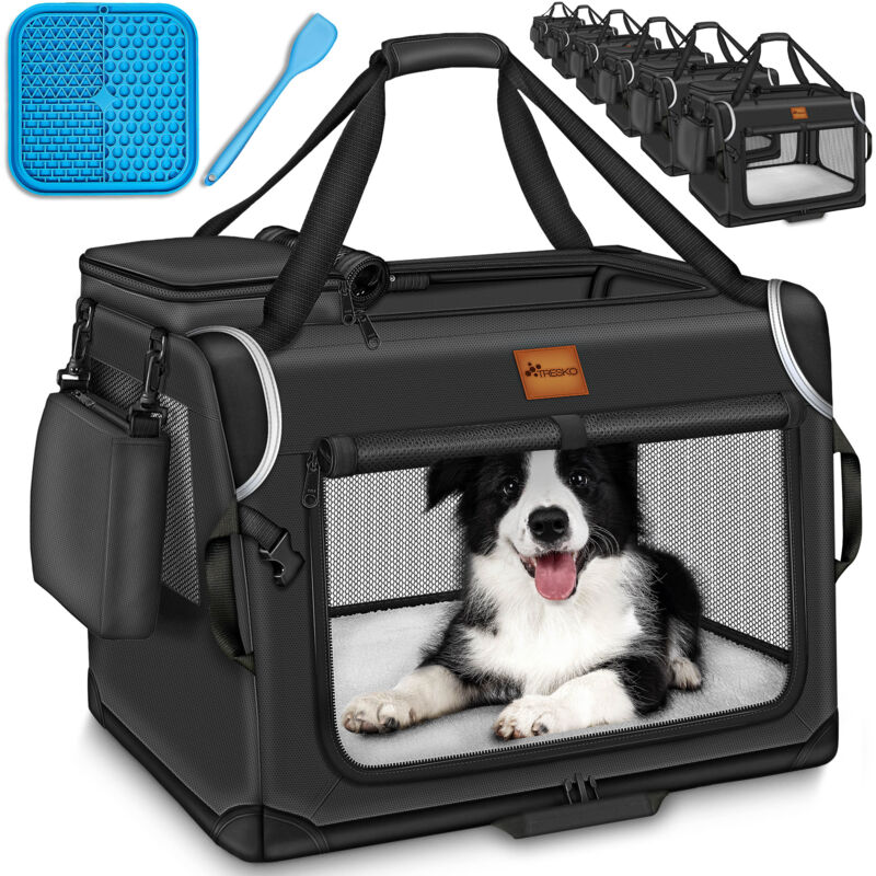 Hundebox faltbar Schwarz (xl 83x58x58cm) inkl. Leckmatte, Spatel & Reflektoren Transportbox für Hunde und Katzen Hundetransportbox für kleine & große