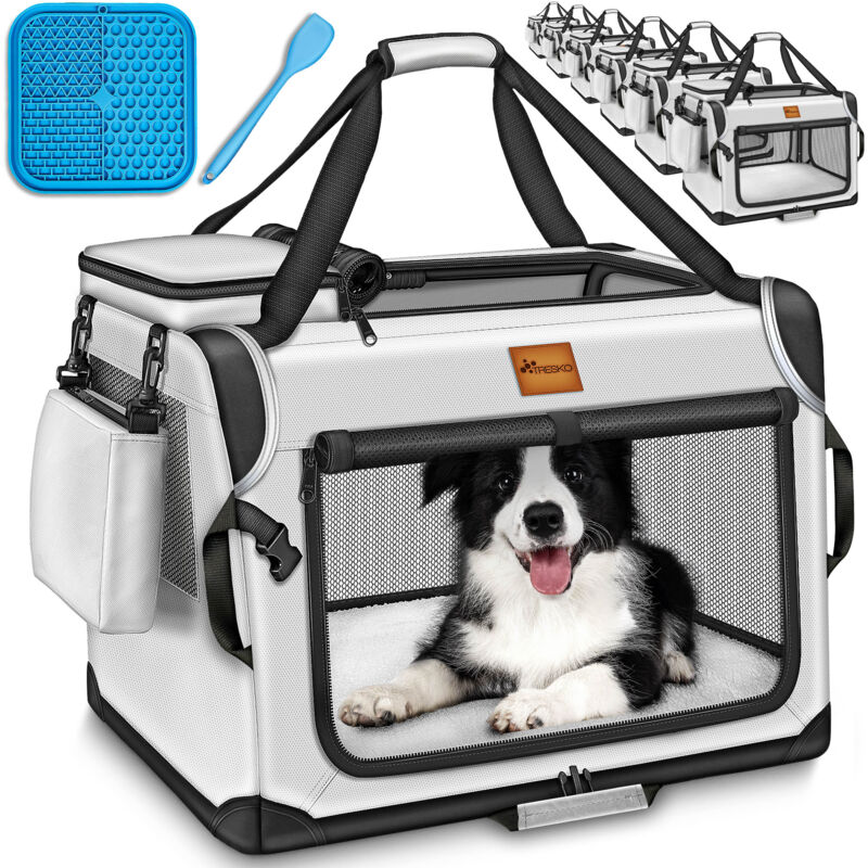 Hundebox faltbar Grau (l 70x52x52cm) inkl. Leckmatte, Spatel & Reflektoren Transportbox für Hunde und Katzen Hundetransportbox für kleine & große