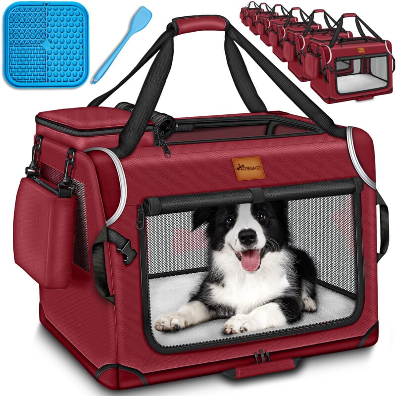 TRESKO® Hundebox faltbar Rot (S 50x34x34cm) inkl. Leckmatte, Spatel & Reflektoren Transportbox für Hunde und Katzen Hundetransportbox für kleine &
