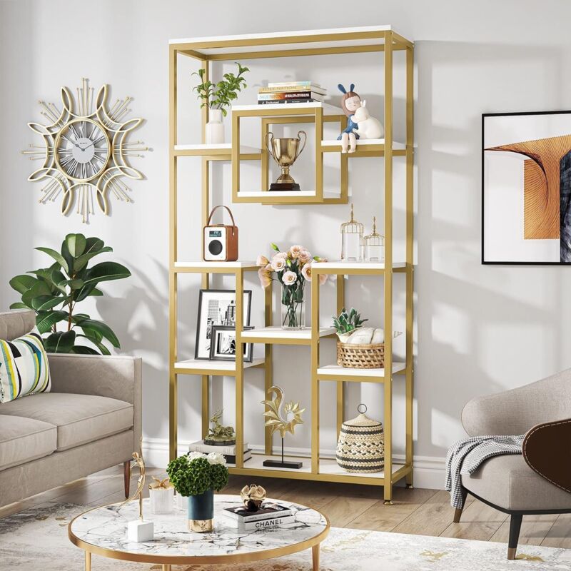 180cm hohes Gold Bücherregal, Moderne freistehende Bücherregal mit 11 offenen Lagerregalen, hohe Display Bücherregale für Wohnzimmer, Schlafzimmer,