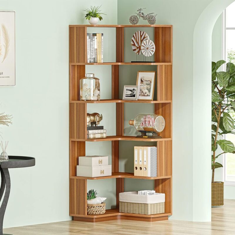 6 Etagen Eck-Bücherregal, 165cm hohes industrielles Eckregal mit Anti-Drop-Panel, freistehendes Etagere Bücherregal mit Holzmaserung,