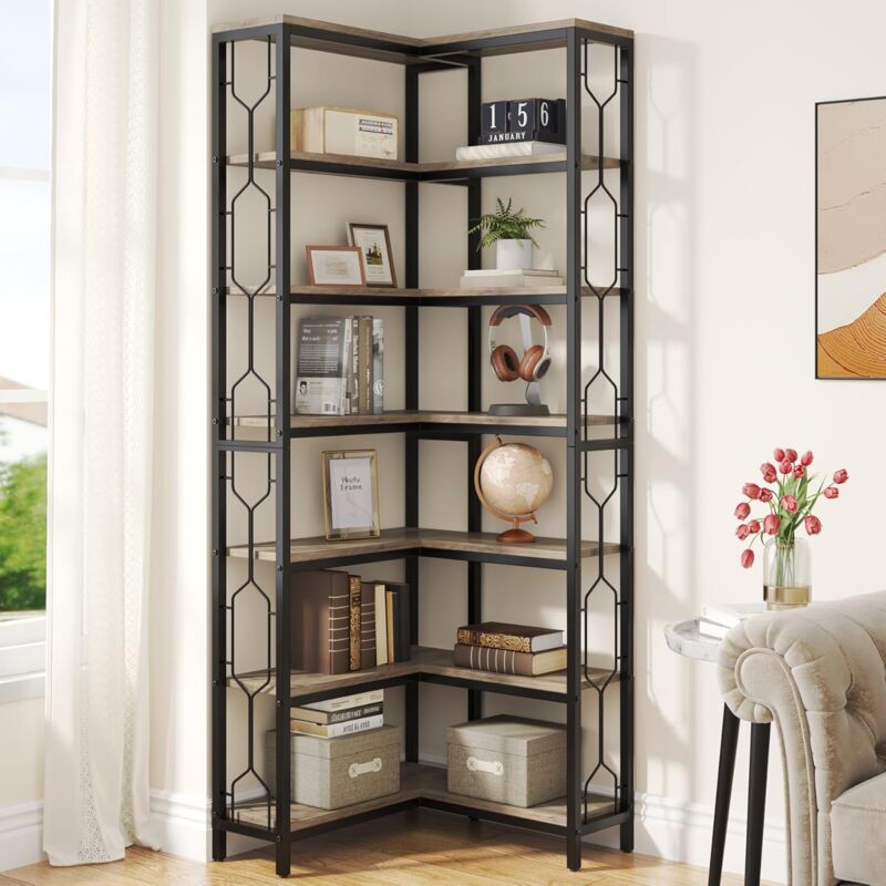 Eck-Bücherregal, 7-stöckiges Industrielles Eckregal, Holz und Metall Ecke Etagere Bücherregal, Freistehendes Lagerregal für Wohnzimmer, Küche, Home