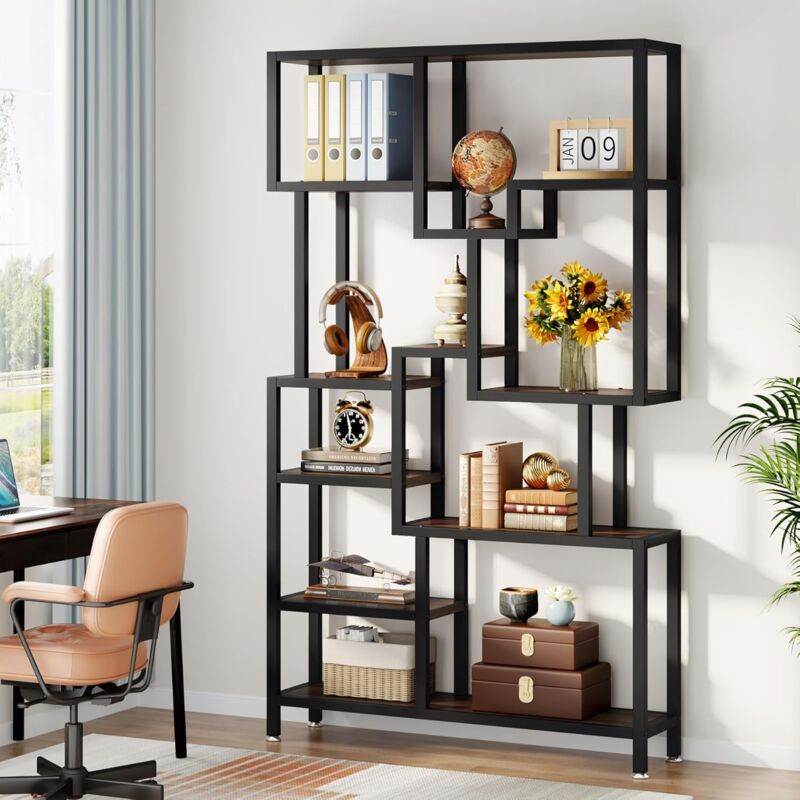 Industrie 7-stufiges Bücherregal, 180cm hohes Etagere-Bücherregale, Holz-Bücherregal, offenes Ausstellungsregal mit Metallrahmen für Wohnzimmer,