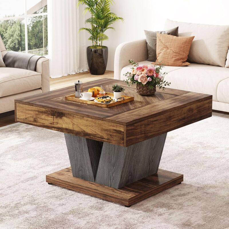 Quadratischer Couchtisch, Holz-Couchtisch für Wohnzimmer, 80 cm, moderner Mitteltisch, Cocktail-Teetisch, Akzenttisch, rustikales Braun und Schwarz
